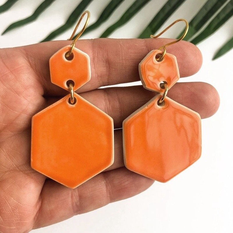 Ceramic Hexagon Drop Earrings Burnt Orange by Clay Blanca