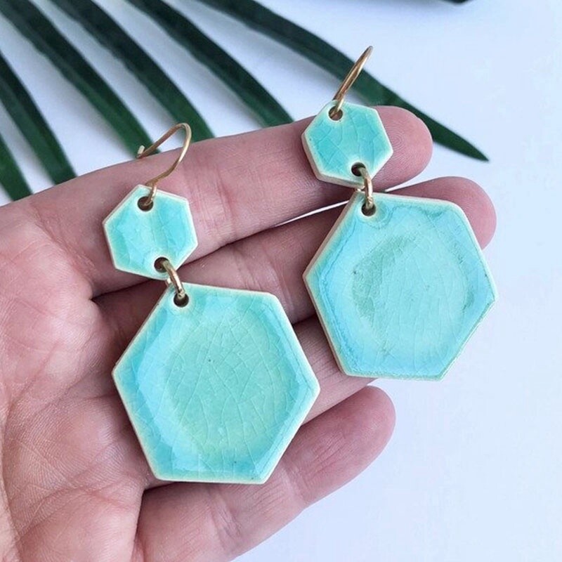 Ceramic Hexagon Drop Earrings Turquoise by Clay Blanca
