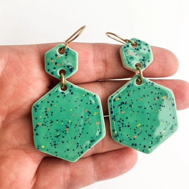 Ceramic Hexagon Drop Earrings Turquoise Blue by Clay Blanca