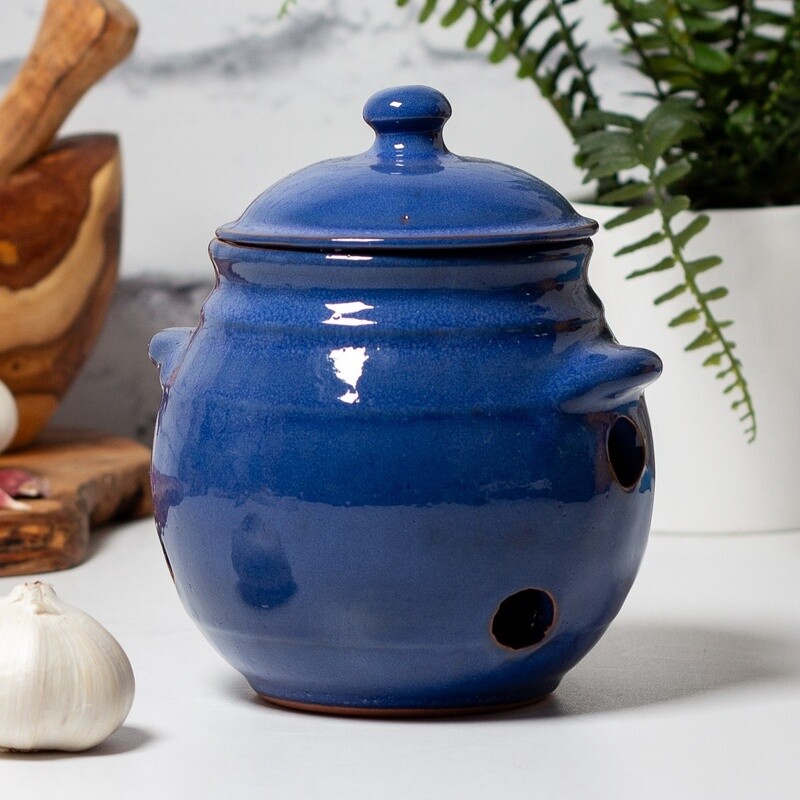 Selena Ceramic Garlic Jar - Blue by Verano Ceramics