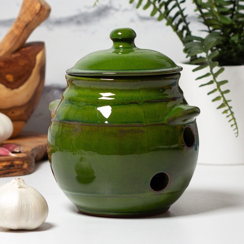 Selena Ceramic Garlic Jar - Dark Green by Verano Ceramics