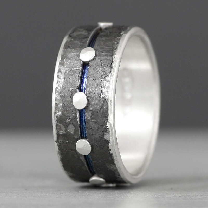 Oxidised Steel And Silver Ring With Groove And Silver Dots - 9mm By Mark Veevers