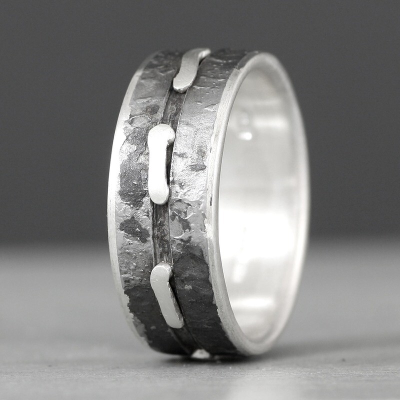 Oxidised Steel And Silver Ring With Groove And Spaced Silver Inlay - 9mm By Mark Veevers