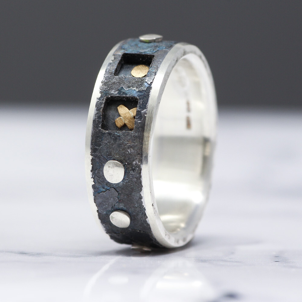 Steel and Silver Windows Ring With 24ct Gold Detailing - 7mm By Mark Veevers