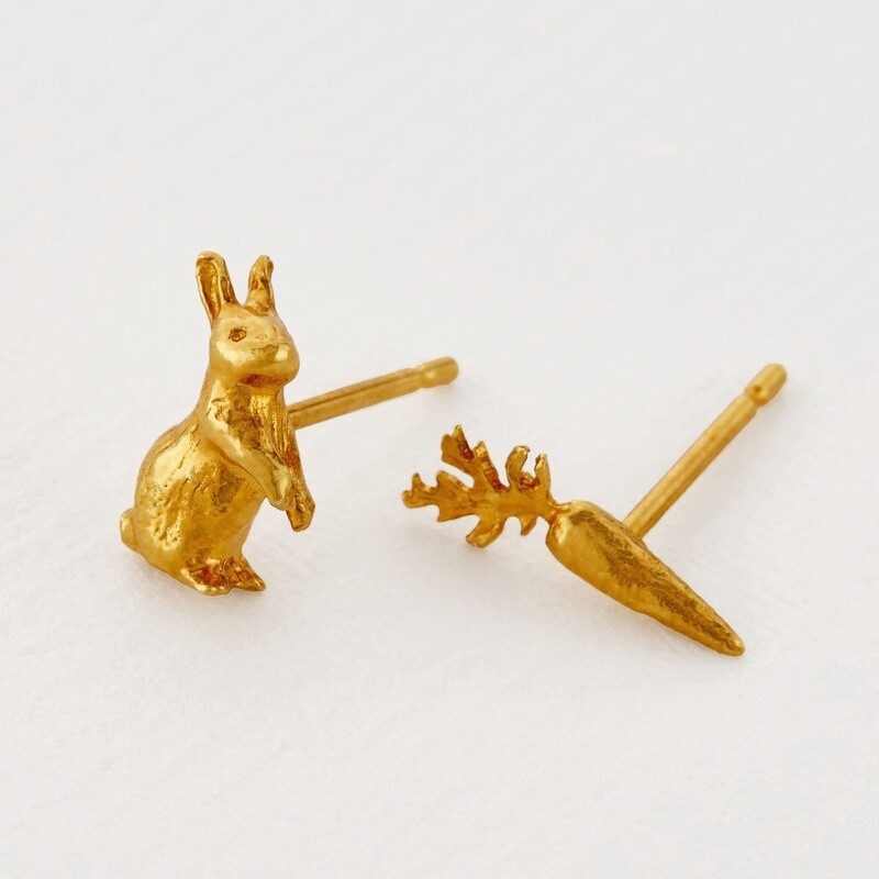 Rabbit and Carrot Asymmetric Stud Earrings - Gold Plated by Alex Monroe