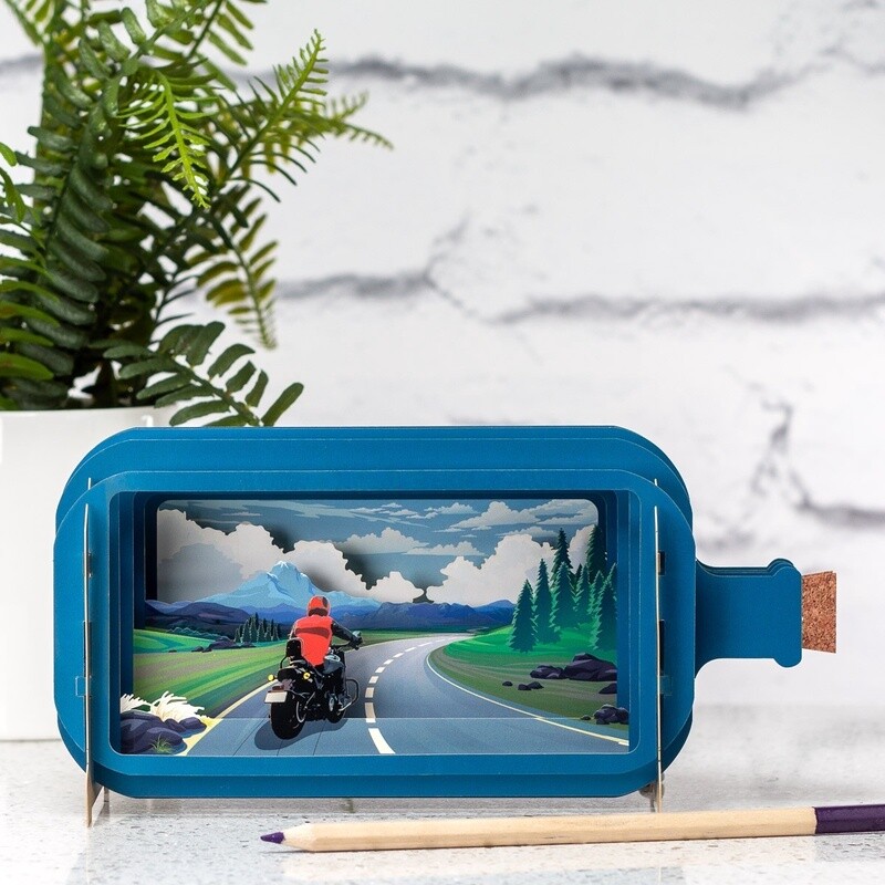 3d Pop Up Bottle Card - Motorbike to the Mountains by Alljoy
