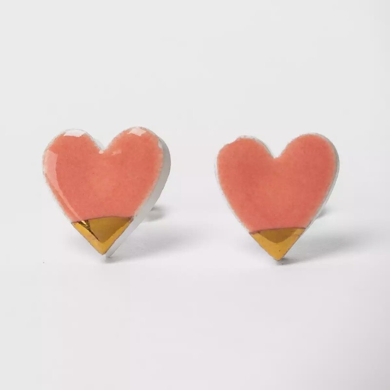 Ceramic Heart Stud Earrings - Peachy Pink by Clay Blanca