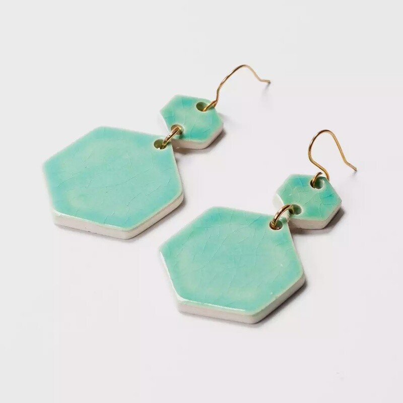 Ceramic Hexagon Drop Earrings - Turquoise by Clay Blanca