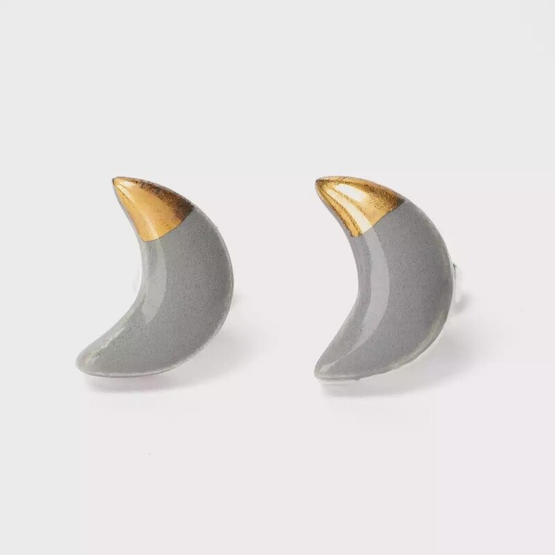 Ceramic Moon Stud Earrings - Dark Grey by Clay Blanca