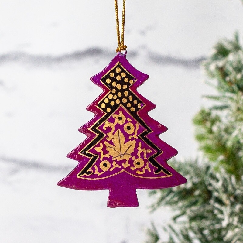 Hand Painted Papier Mâché Tree Decoration - Chinar Gold on Purple by Fair to Trade