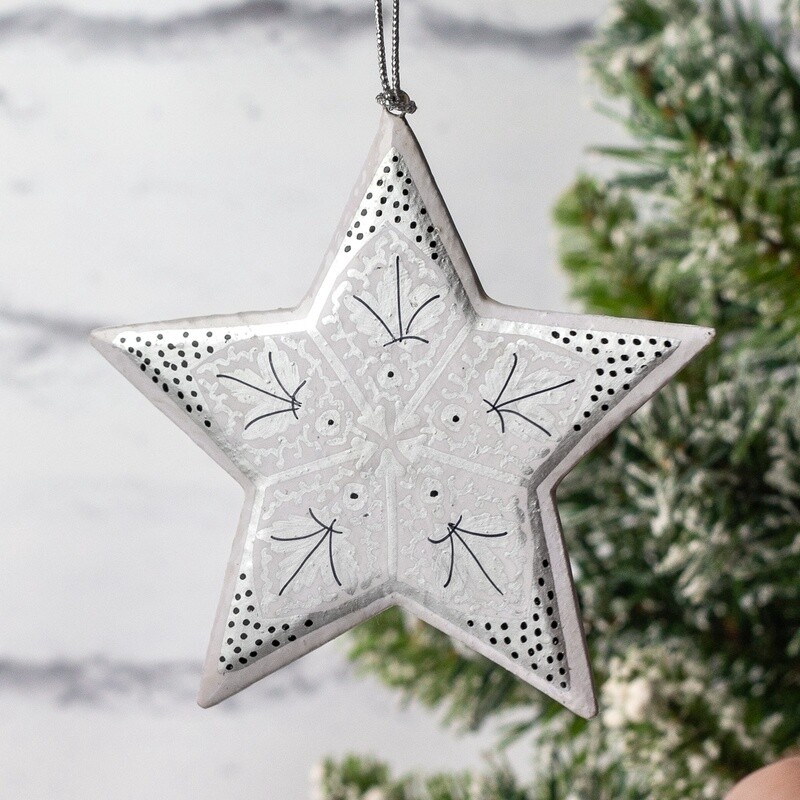 Hand Painted Papier Mâché Star Decoration - Chindar Silver on White Large by Fair to Trade