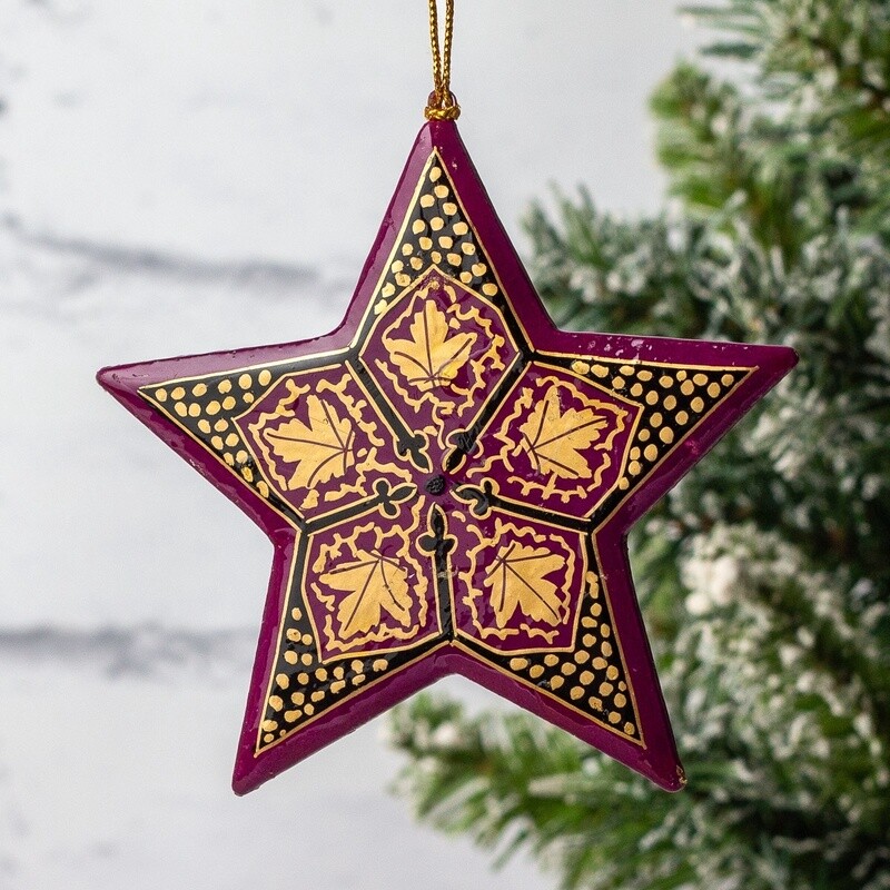 Hand Painted Papier Mâché Star Decoration - Chindar Gold on Purple Large by Fair to Trade