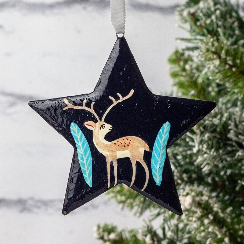 Hand Painted Papier Mâché Star Decoration - Woodland Large by Fair to Trade