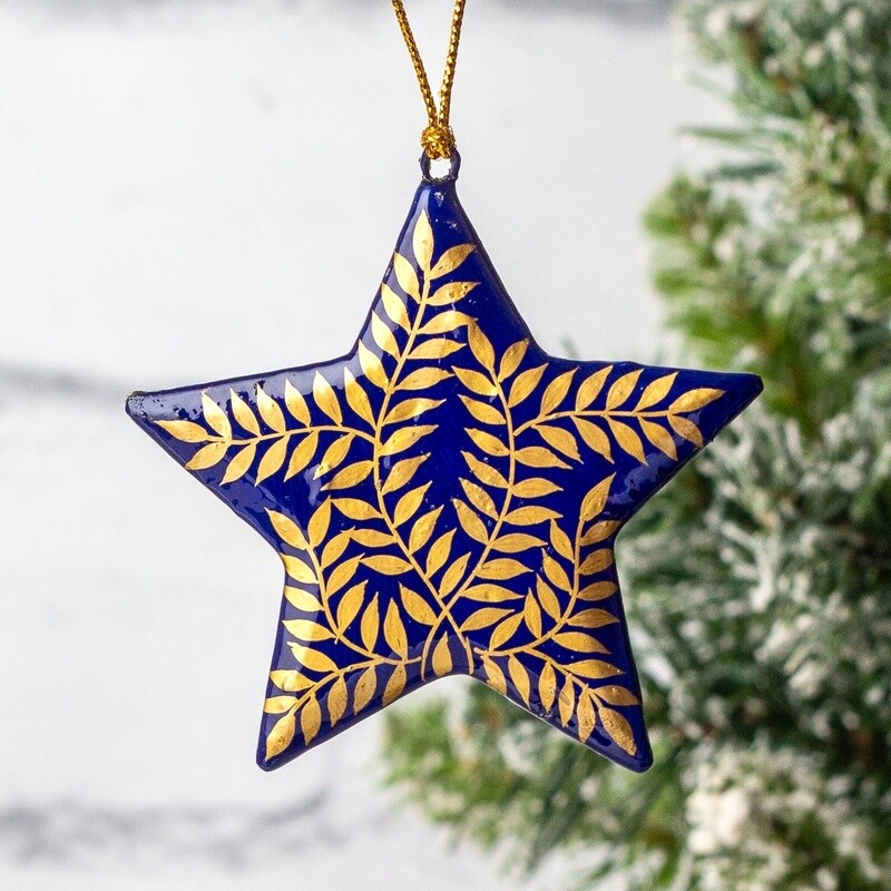 Hand Painted Papier Mâché Star Decoration - Gold Leaves on Blue Large by Fair to Trade