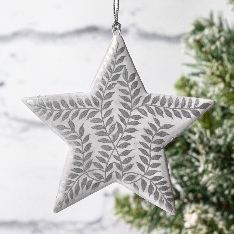 Hand Painted Papier Mâché Star Decoration - White Leaves on Silver Large by Fair to Trade