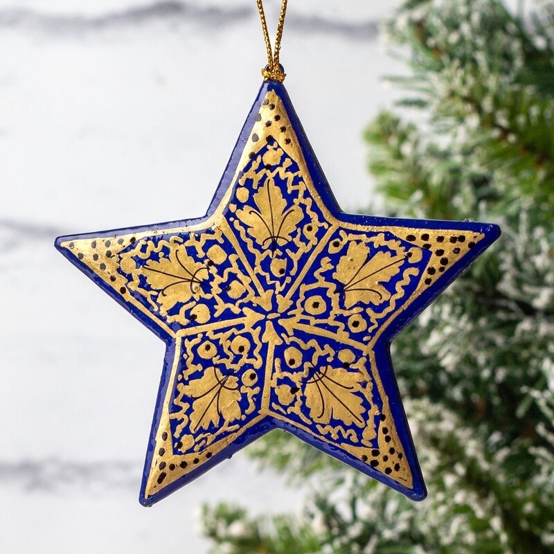 Hand Painted Papier Mâché Star - Chindar Gold on Blue Large by Fair to Trade