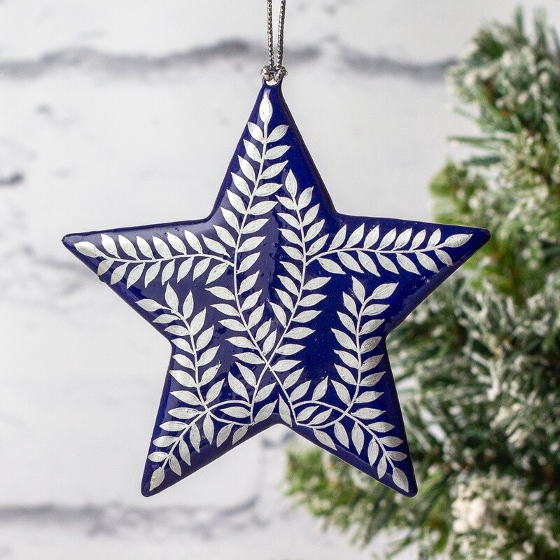 Hand Painted Papier Mâché Star Decoration - Silver Leaves on Blue Large by Fair to Trade