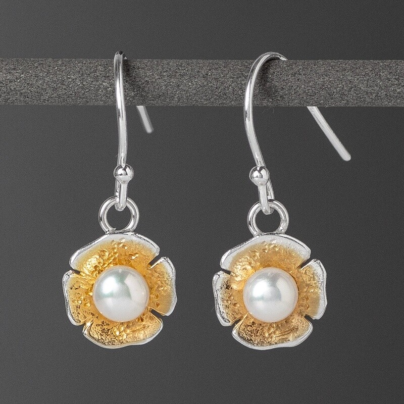 Poppy Silver, Gold and Pearl Drop Earrings by Fi Mehra