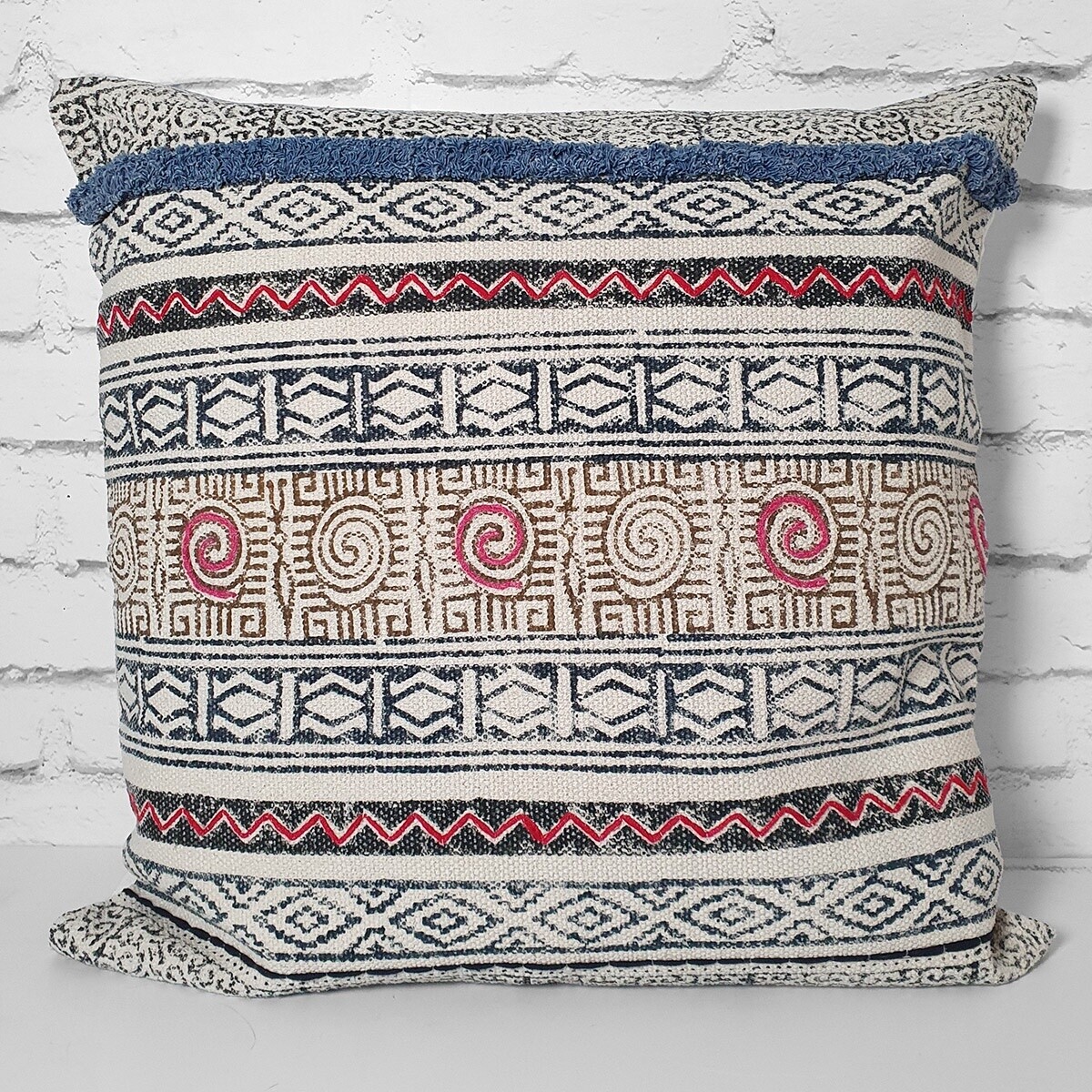 One-Off Block Print and Embroidered Cushion - Large by Namaste
