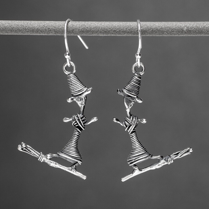Witch on Broomstick Silver Drop Earrings by Fi Mehra