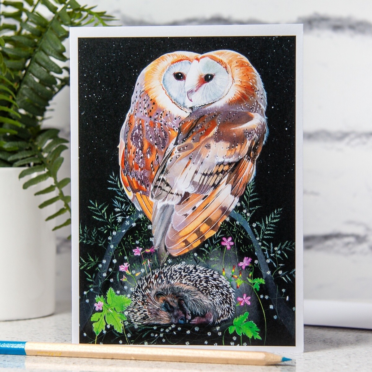 The Barn Owls and the Hedgehog Card by Sam Cannon