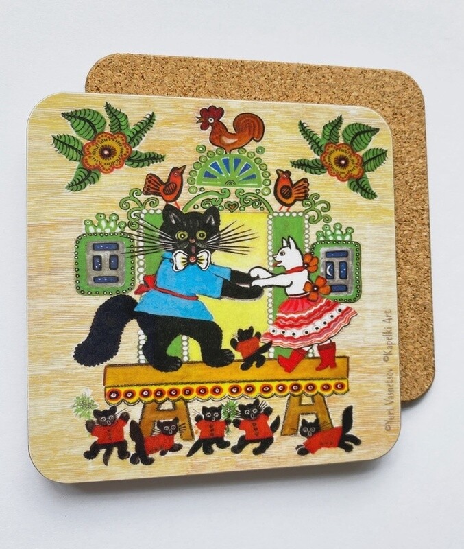 Dancing Cats Folk Art Coaster by Kapelki Art