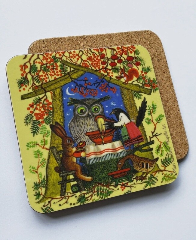 Owl and Magpie Dinner Coaster by Kapelki Art