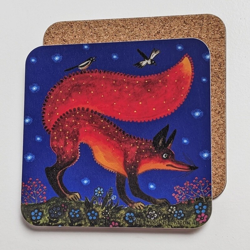 Red Fox on Blue Coaster by Kapelki Art