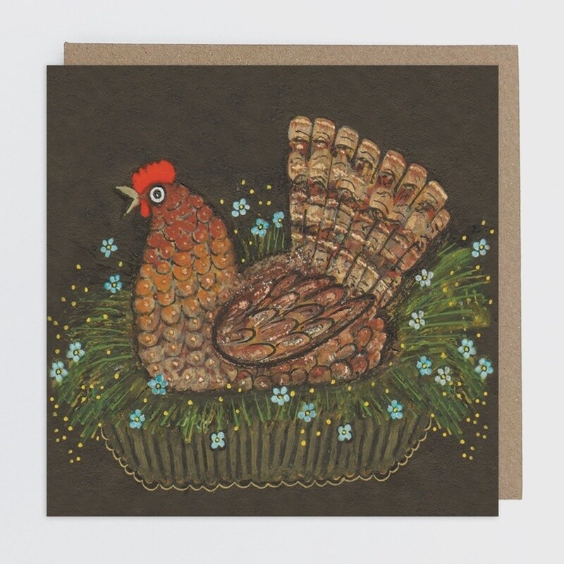 Brown Hen on the Nest Card by Kapelki Art