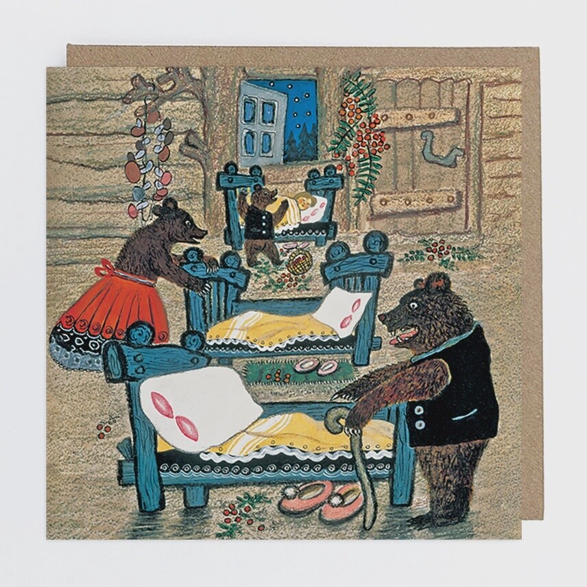 Bear Family in their Bedroom Card by Kapelki Art