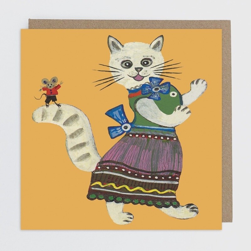 White Cat and Little Mouse Card by Kapelki Art