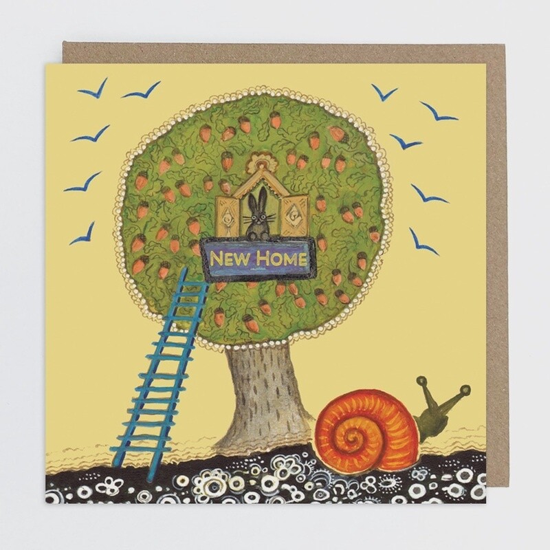 New Home, Hare in Oak Tree and Giant Snail Card by Kapelki Art