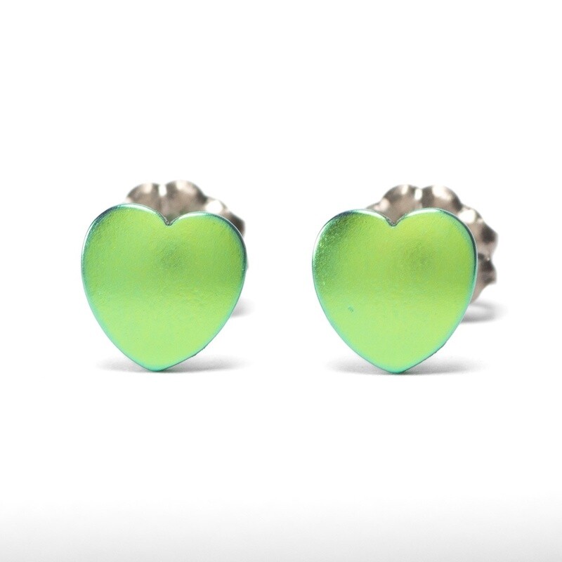 Titanium Heart Studs - Small - Green by Prism Design