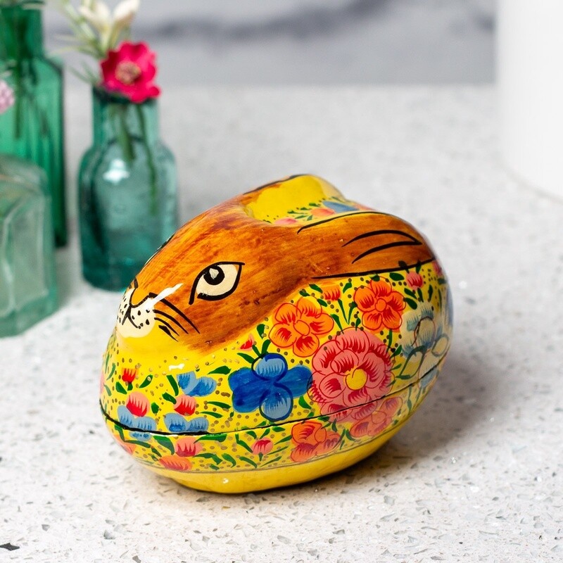 Hand Painted Papier Mache Rabbit Box - Small - Yellow by Shared Earth