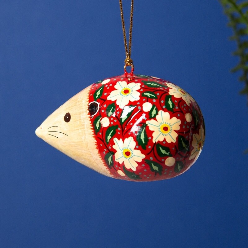 Hand Painted Papier Mache Hedgehog Hanging Decoration - Red by Shared Earth