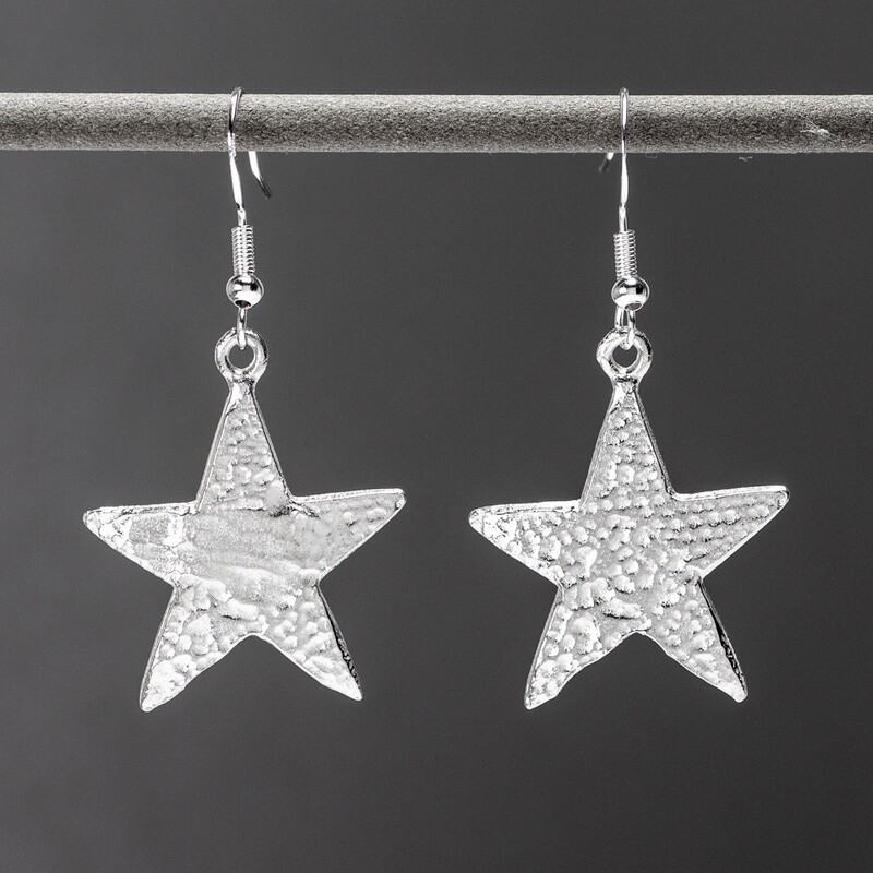 Hammered Star Large Pewter Drop Earrings by Metal Planet