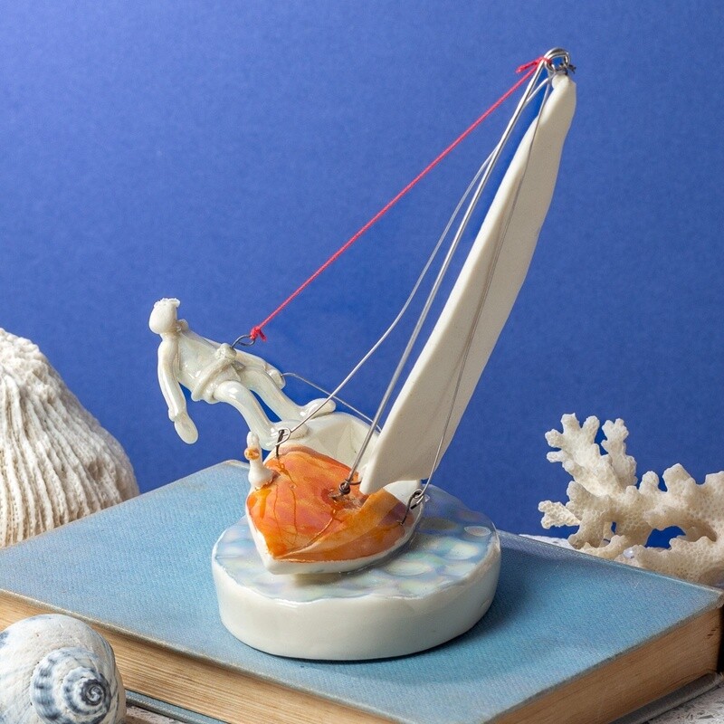 Ceramic Topper Dingy Sailing Miniature Sculpture by Andrew Bull