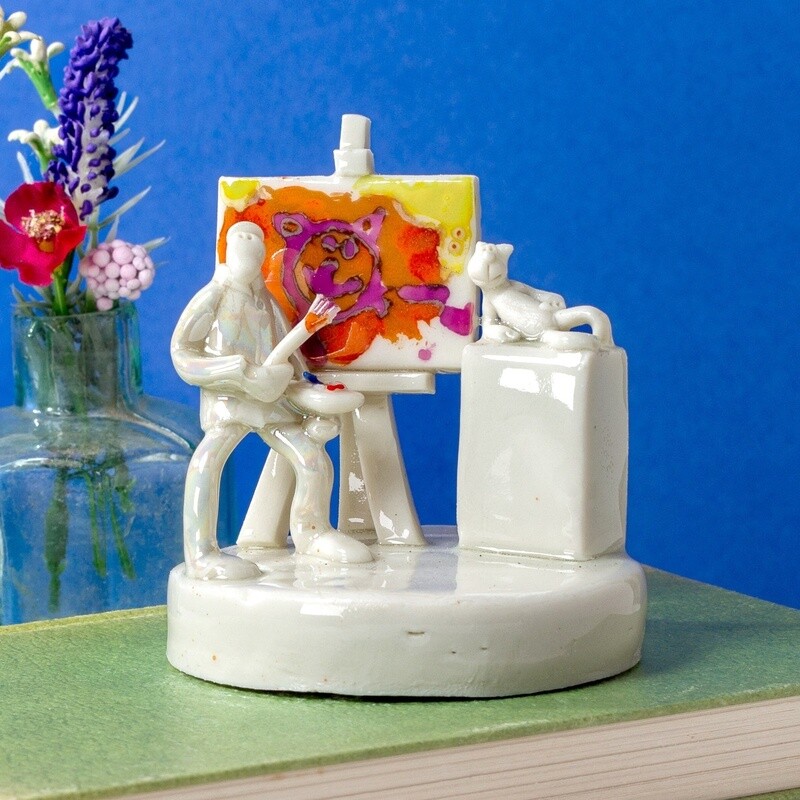 Ceramic Artist & Cat Muse Miniature Sculpture by Andrew Bull