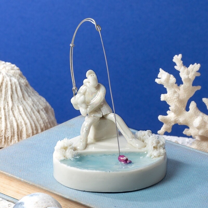 Ceramic Fishing Miniature Sculpture by Andrew Bull