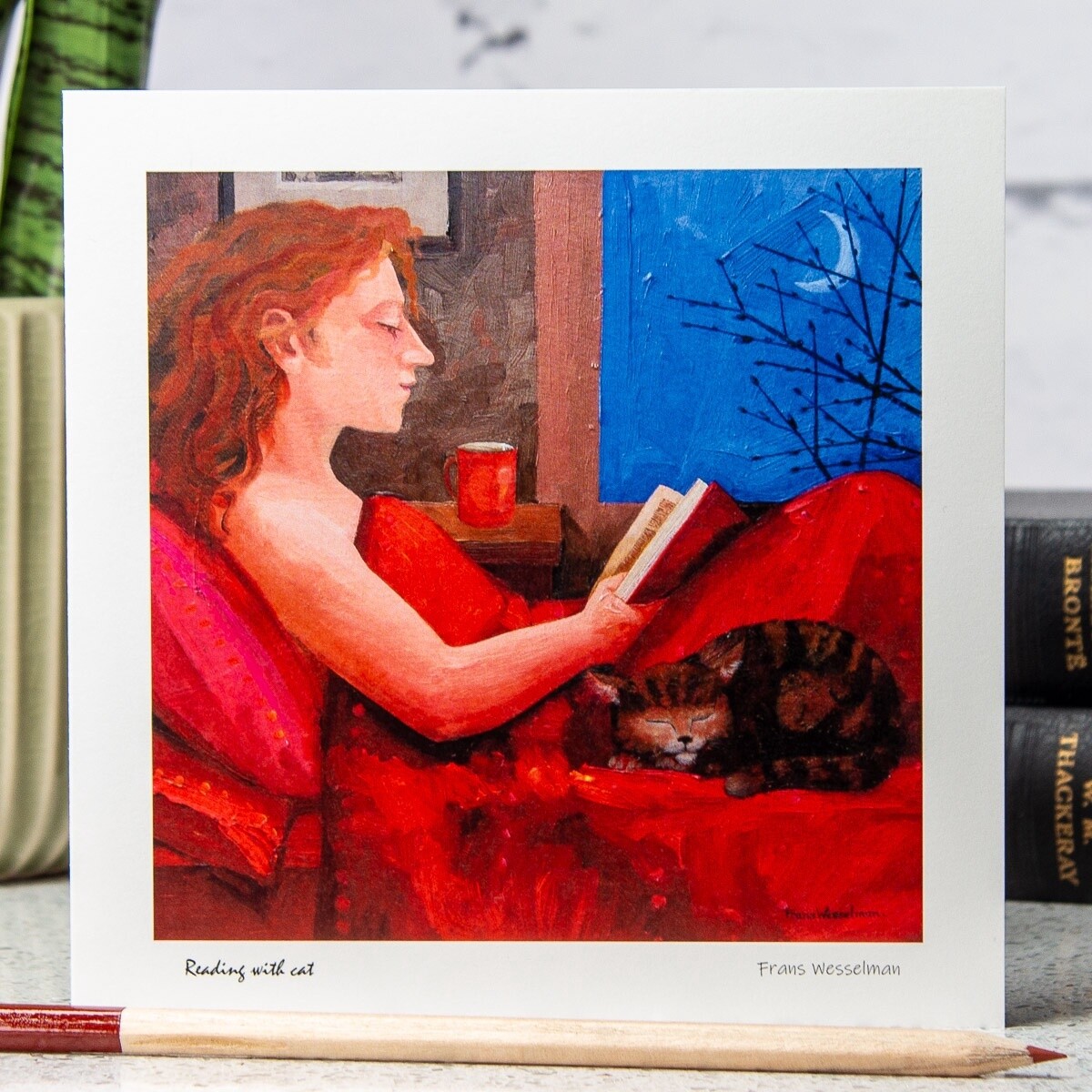 Reading with Cat Card by Frans Wesselman