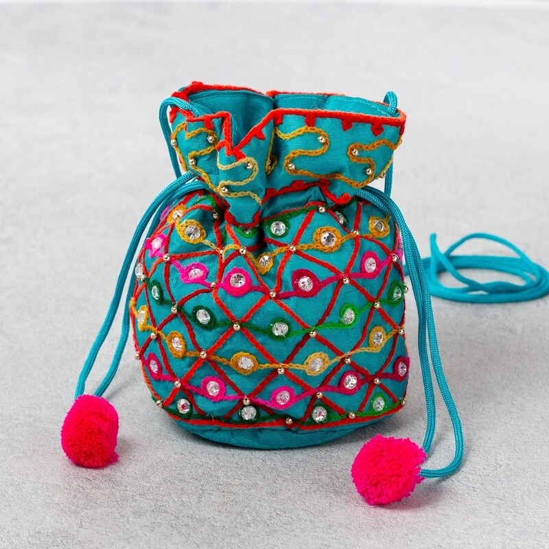 Hand Embroidered Recycled Drawstring Bag - Turquoise by Namaste