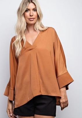 Vneck Wide Sleeve Satin Top, Color: Camel, Size: Small