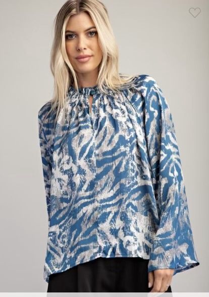 Round Collar Elastic Smock, Color: Blue/Gray, Size: Small