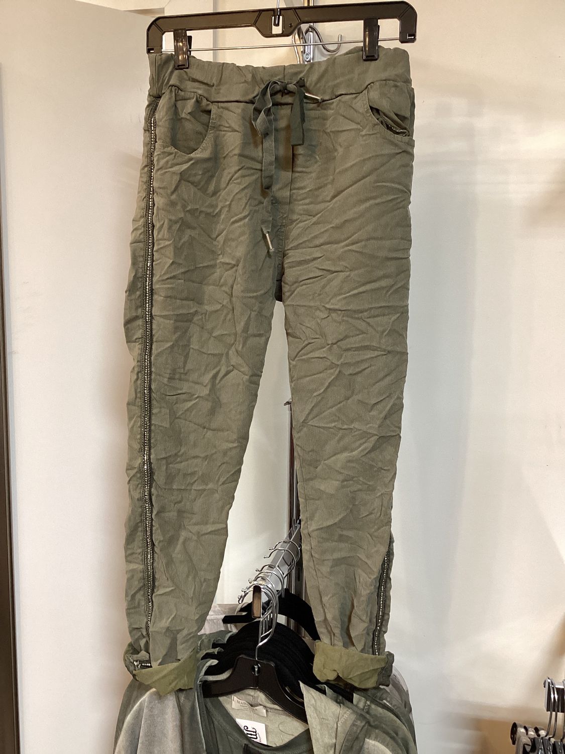 Mineral Wash Rhinestone Pant, Color: Dark Olive, Size: One Size