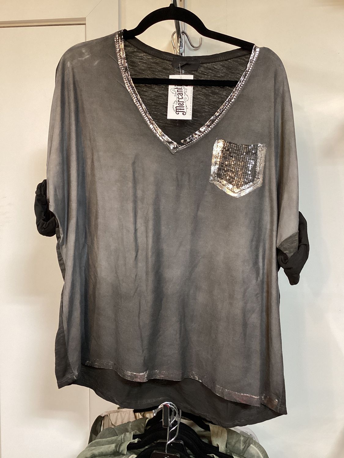 Washed Tee W/Sequin Pocket, Color: Charcoal, Size: One Size