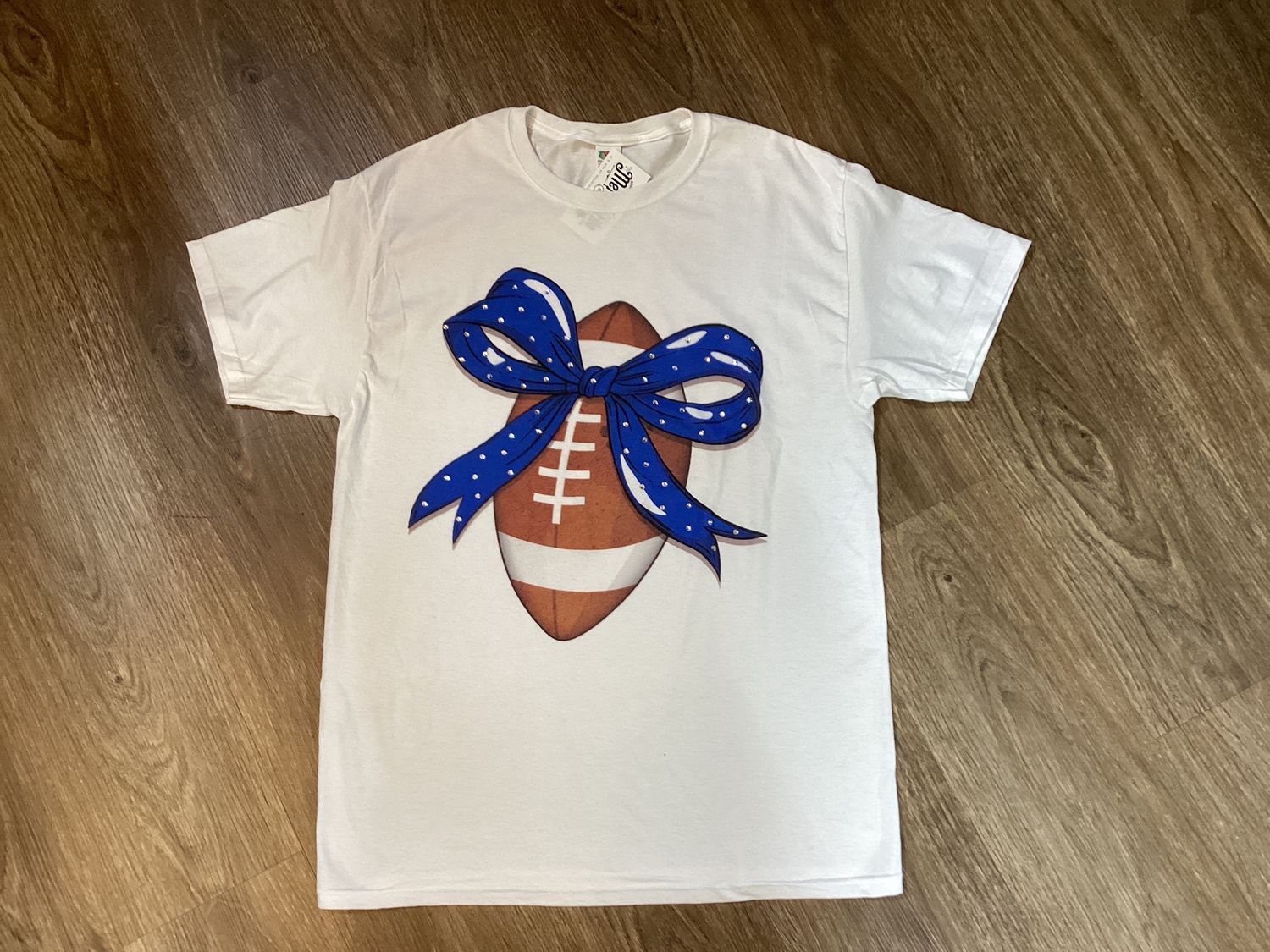 Football Bow Rhinestone S/S Tshirt, Color: Blue, Size: Small