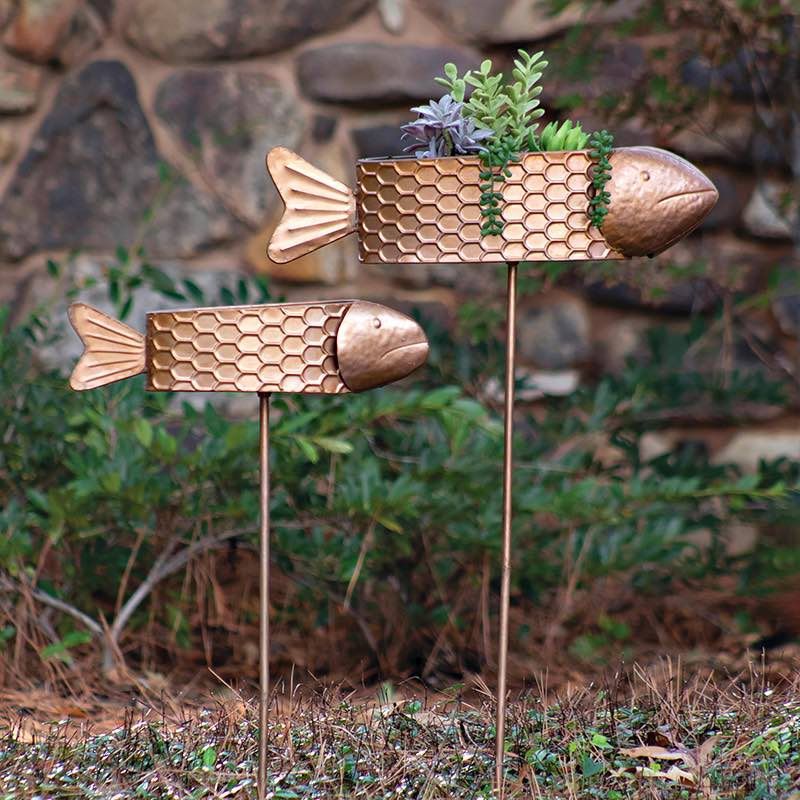 Metal Fish Planter Yard Stakes S/2