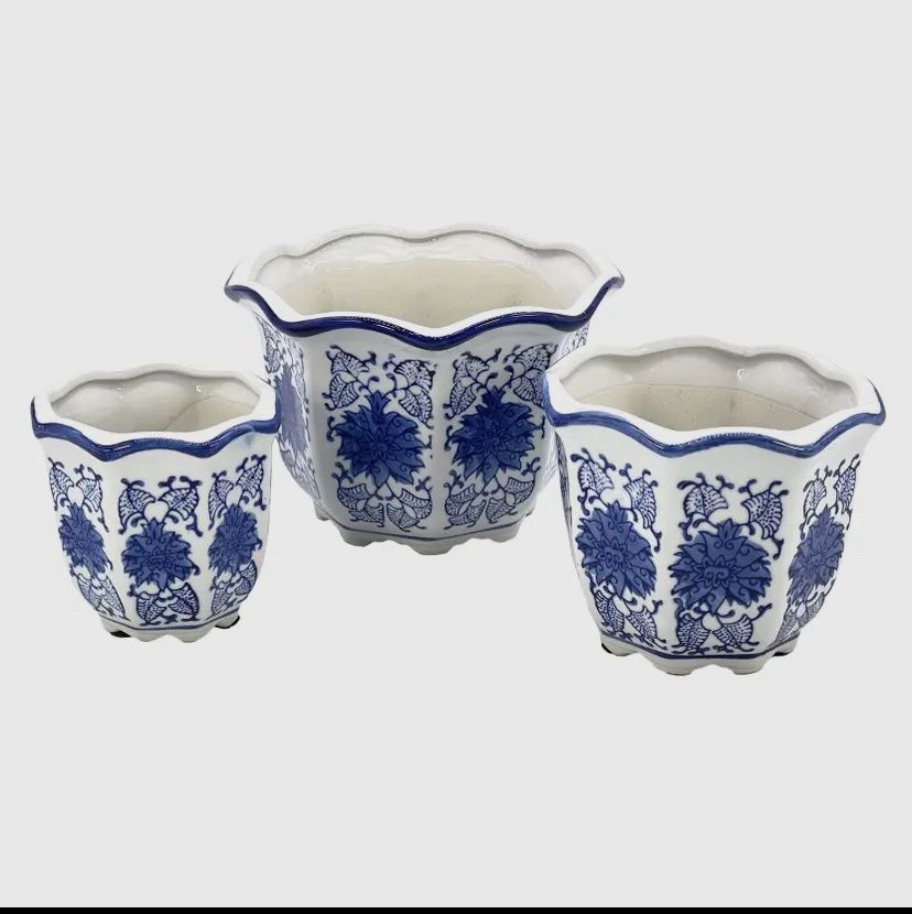 Blue&amp;White Floral Ceramic Pots S/3