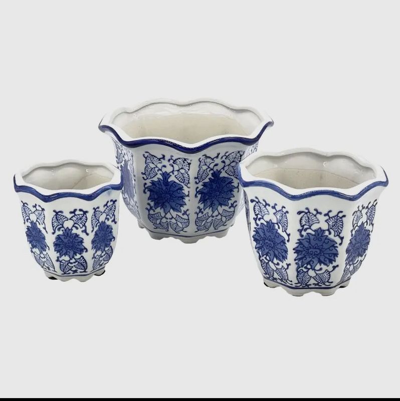 Blue&amp;White Floral Ceramic Pots S/3