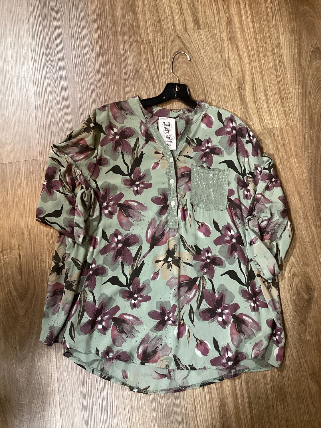 One Pocket Sequin Top, Style: Olive/Marsala Floral